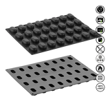 Two black silicone molds on a white background with safety and feature icons.