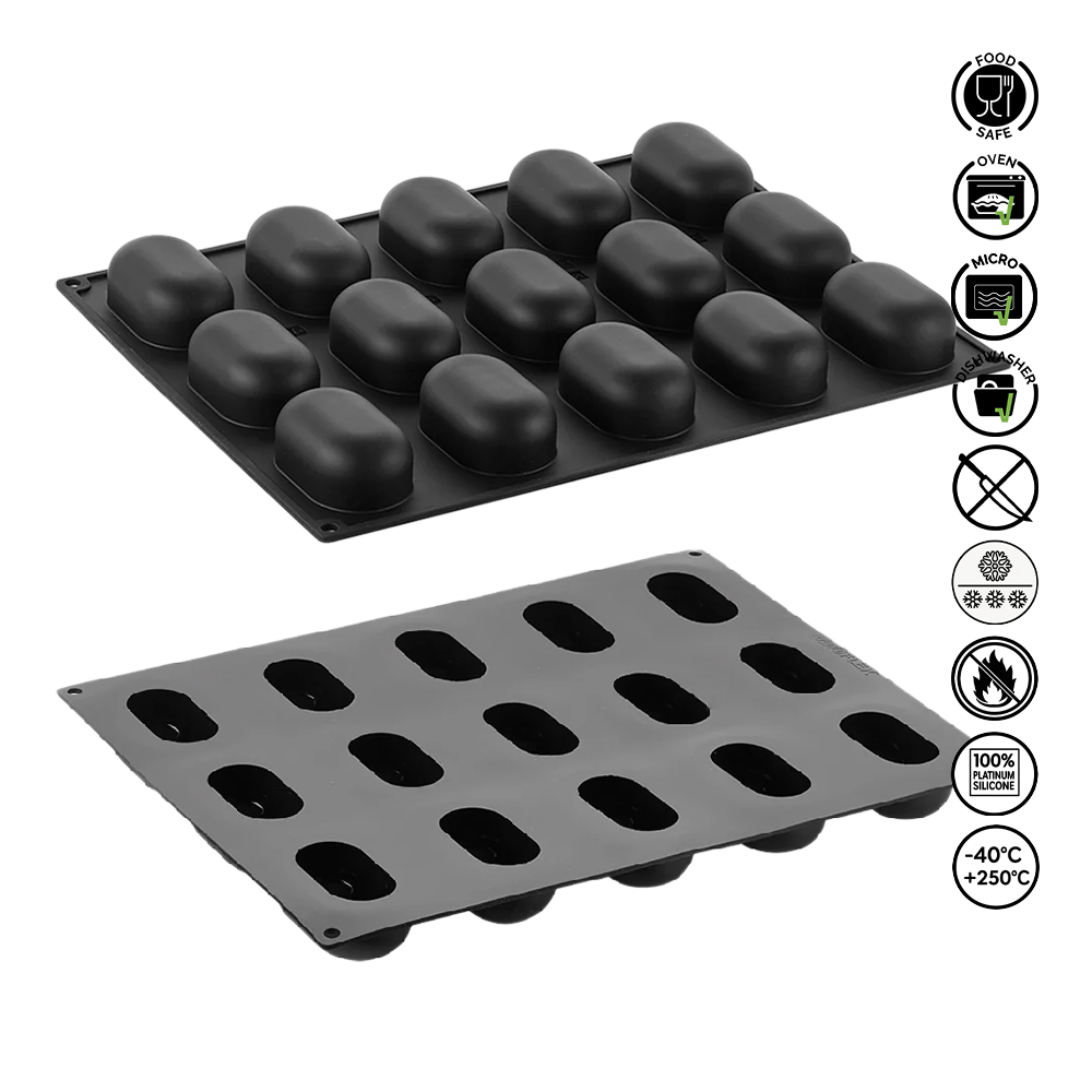 Two silicone baking molds on a white background with icons indicating safety and usage information.