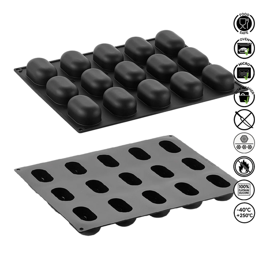 Two silicone baking molds on a white background with icons indicating safety and usage information.