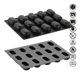 Two silicone baking molds on a white background with icons indicating safety and usage information.