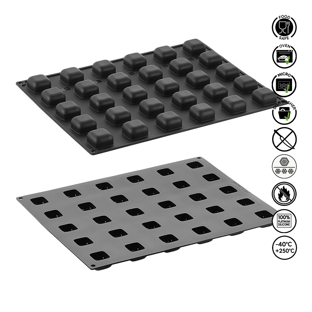 Two silicone baking mats with different cavity designs on a white background, featuring icons indicating food-safe, oven-safe, and other properties.