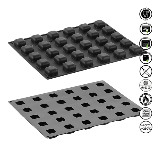 Two silicone baking mats with different cavity designs on a white background, featuring icons indicating food-safe, oven-safe, and other properties.