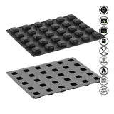 Two silicone baking mats with different cavity designs on a white background, featuring icons indicating food-safe, oven-safe, and other properties.
