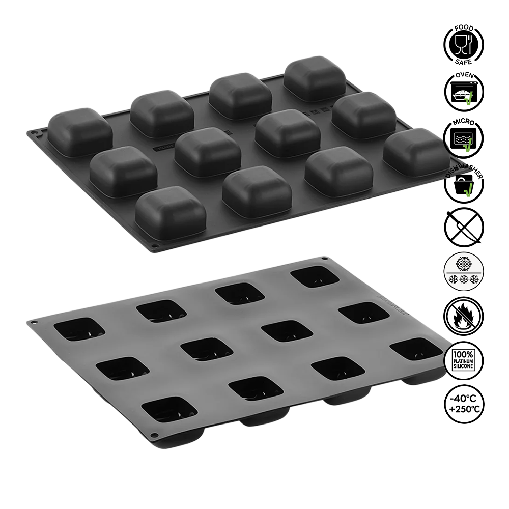 Two black silicone molds on a white background with safety and feature icons.