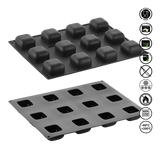 Two black silicone molds on a white background with safety and feature icons.