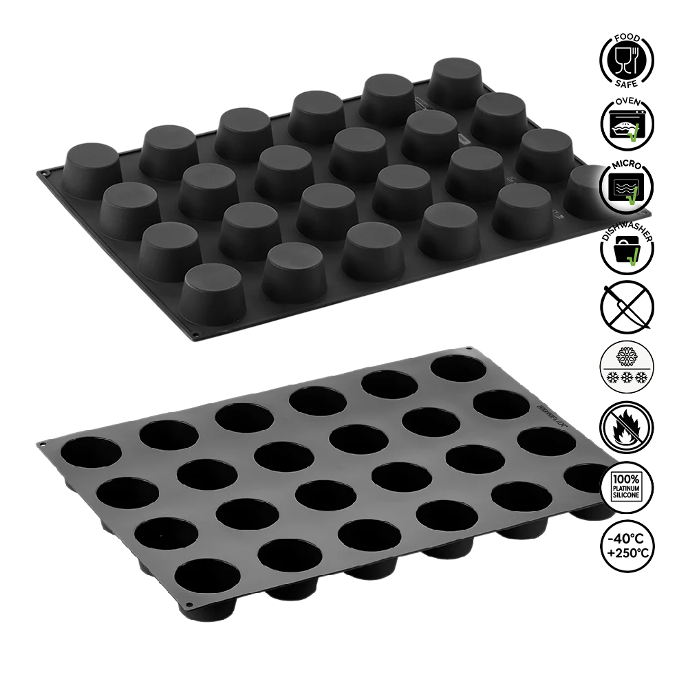 Two black silicone mold trays with circular cavities on a white background, featuring safety and feature icons.