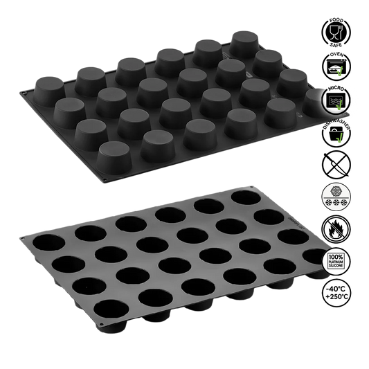 Two black silicone mold trays with circular cavities on a white background, featuring safety and feature icons.