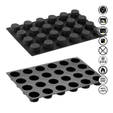 Two black silicone mold trays with circular cavities on a white background, featuring safety and feature icons.