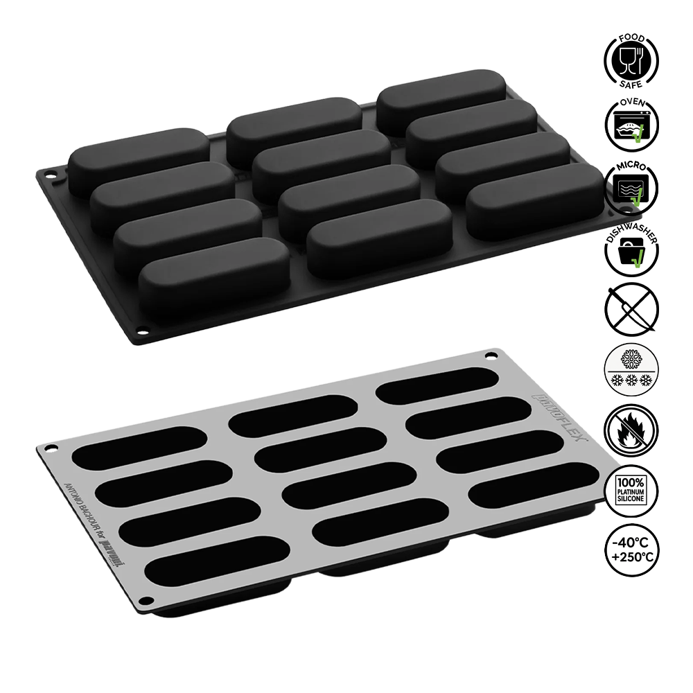 Two silicone mold trays with black rectangular cavities on a white background, featuring various certification icons.