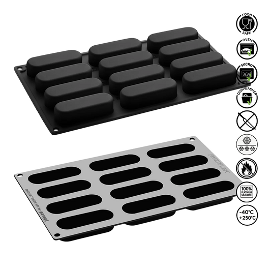 Two silicone mold trays with black rectangular cavities on a white background, featuring various certification icons.