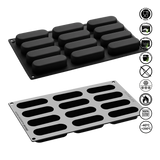 Two silicone mold trays with black rectangular cavities on a white background, featuring various certification icons.