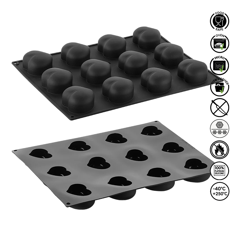 Two black silicone mold trays on a white background with icons indicating safety and usage information.