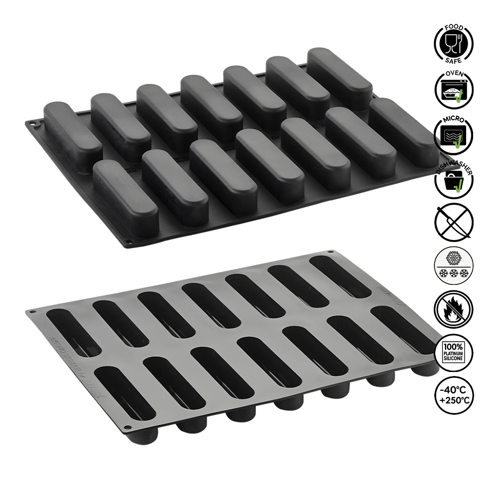 Two silicone baking mats with grid patterns on a white background, featuring safety and feature icons.