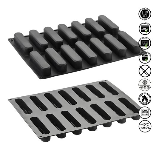 Two silicone baking mats with grid patterns on a white background, featuring safety and feature icons.