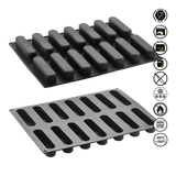 Two silicone baking mats with grid patterns on a white background, featuring safety and feature icons.