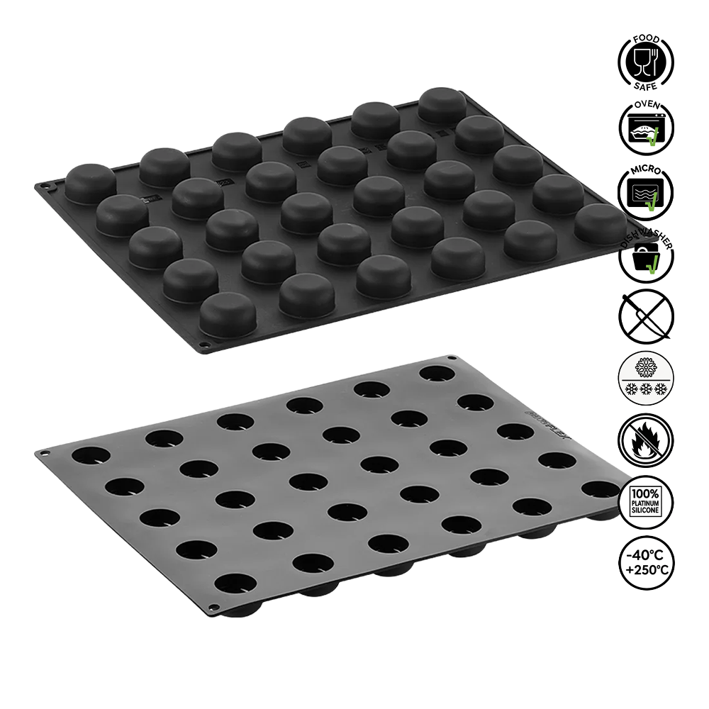 Two black silicone molds on a white background with icons indicating food-safe, microwaveable, and safe for use at various temperatures.