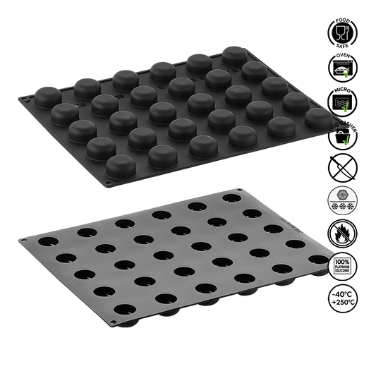 Two black silicone molds on a white background with icons indicating food-safe, microwaveable, and safe for use at various temperatures.