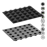 Two black silicone molds on a white background with icons indicating food-safe, microwaveable, and safe for use at various temperatures.