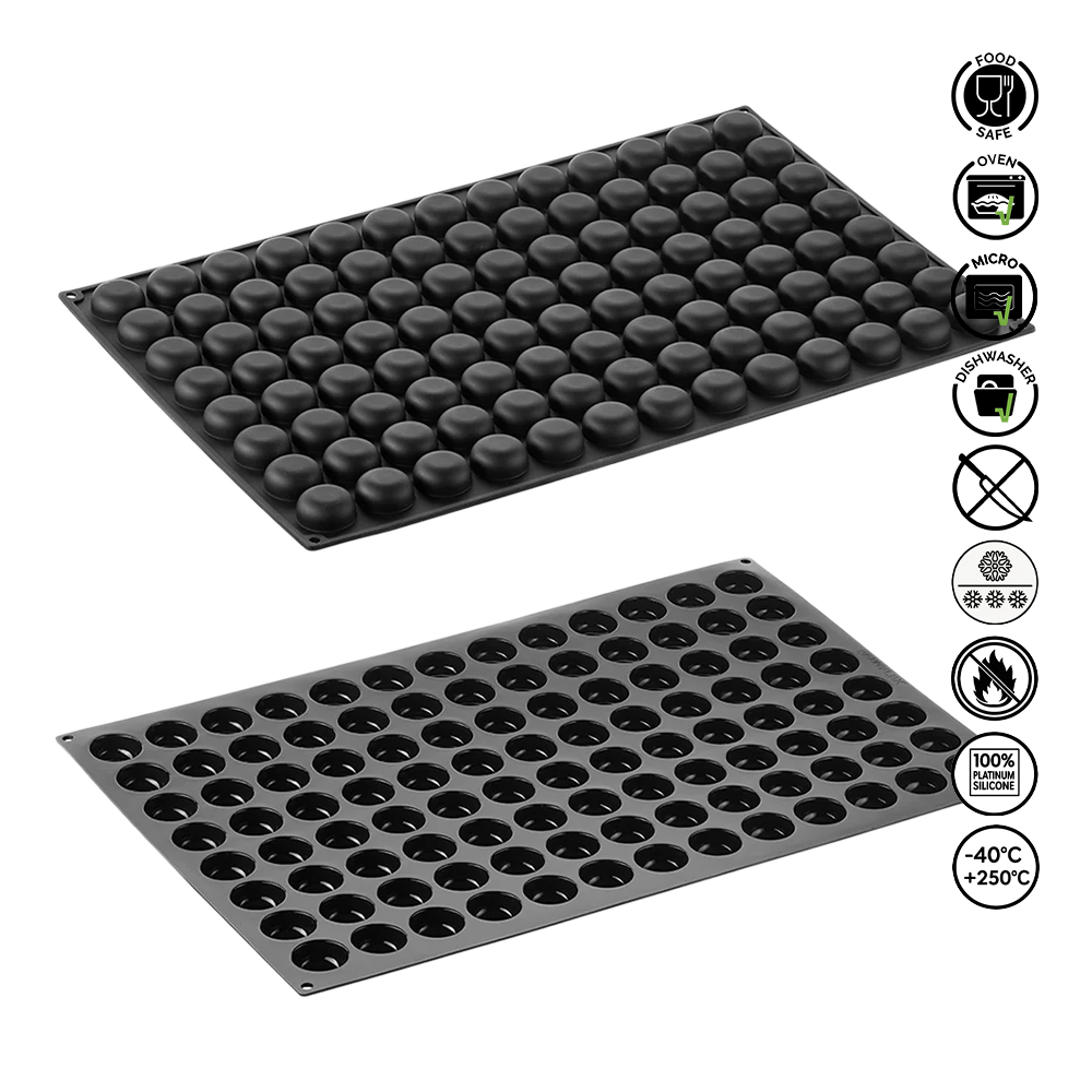 Two black plastic trays with circular indentations on a white background, featuring safety and feature icons.