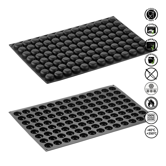 Two black plastic trays with circular indentations on a white background, featuring safety and feature icons.