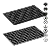 Two black plastic trays with circular indentations on a white background, featuring safety and feature icons.