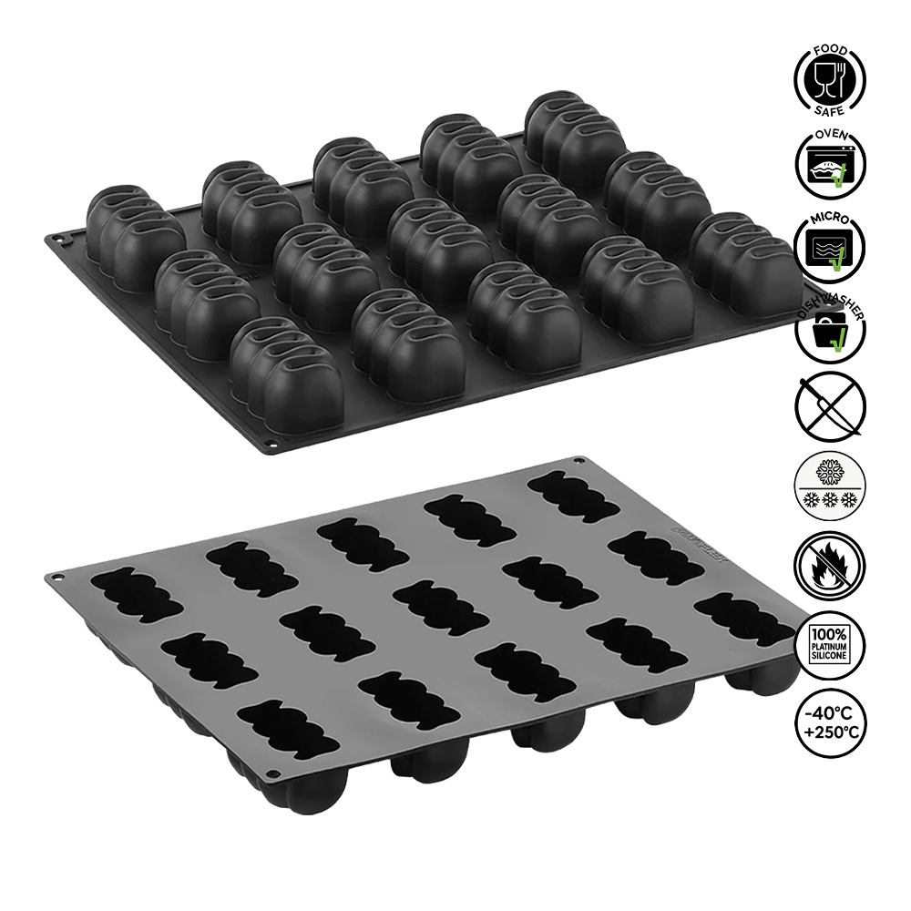Two silicone mold trays with various shapes on a white background, featuring icons indicating food-safe, microwaveable, and other properties.