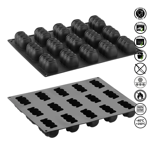 Two silicone mold trays with various shapes on a white background, featuring icons indicating food-safe, microwaveable, and other properties.