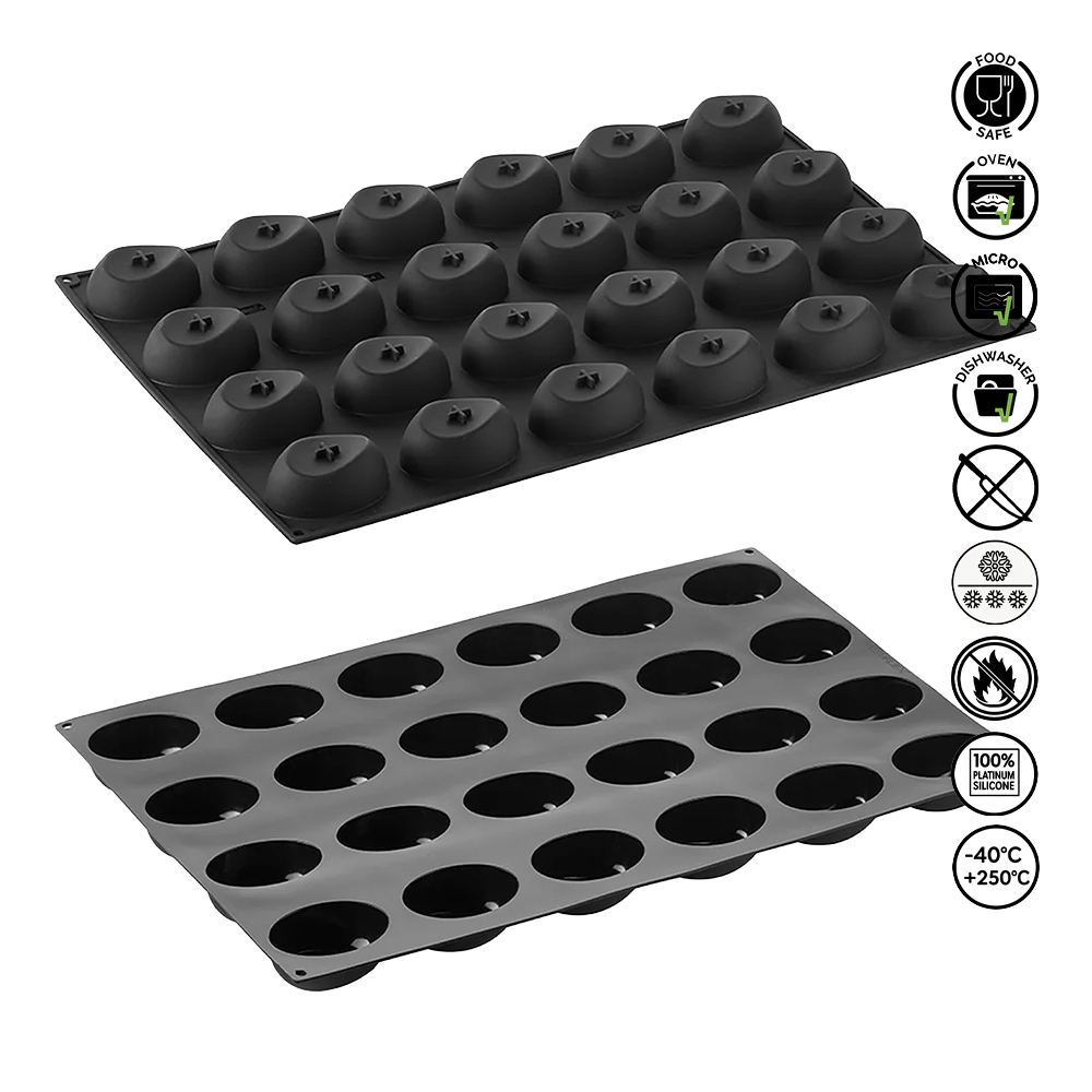 Two black silicone mold trays on a white background with safety certification logos.