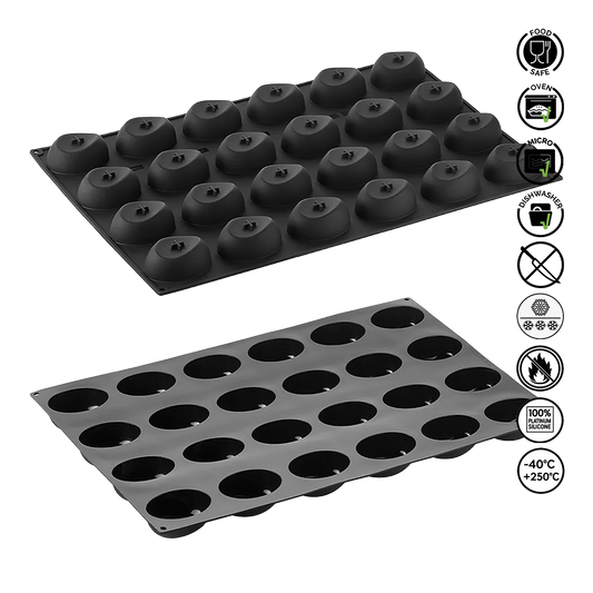 Two black silicone mold trays on a white background with safety certification logos.