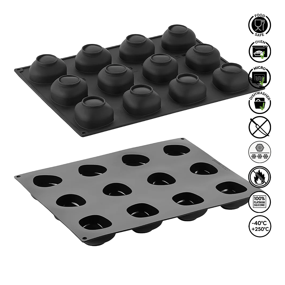 Two silicone baking molds on a white background with icons indicating safety and usage instructions.