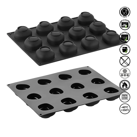 Two silicone baking molds on a white background with icons indicating safety and usage instructions.