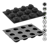 Two silicone baking molds on a white background with icons indicating safety and usage instructions.