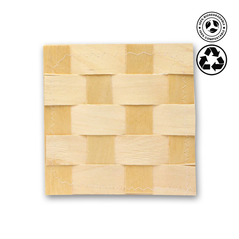 Bamboo woven product with a recycling logo on a white background