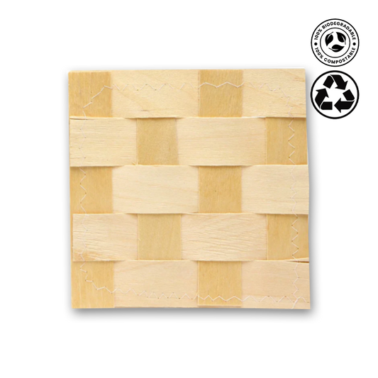 Bamboo woven product with a recycling logo on a white background