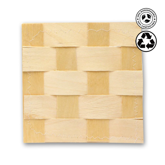 Wooden woven mat with recycling symbols on a white background