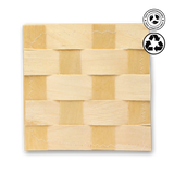 Wooden woven mat with recycling symbols on a white background