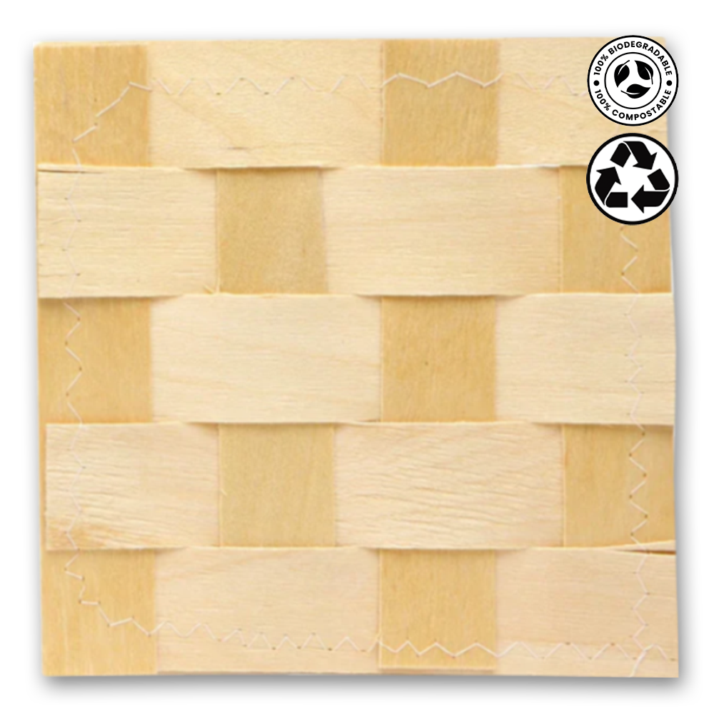 Wooden panel with woven pattern and recycling symbols on a white background