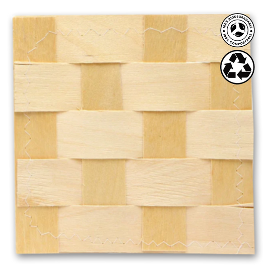 Wooden panel with woven pattern and recycling symbols on a white background