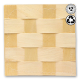 Wooden panel with woven pattern and recycling symbols on a white background