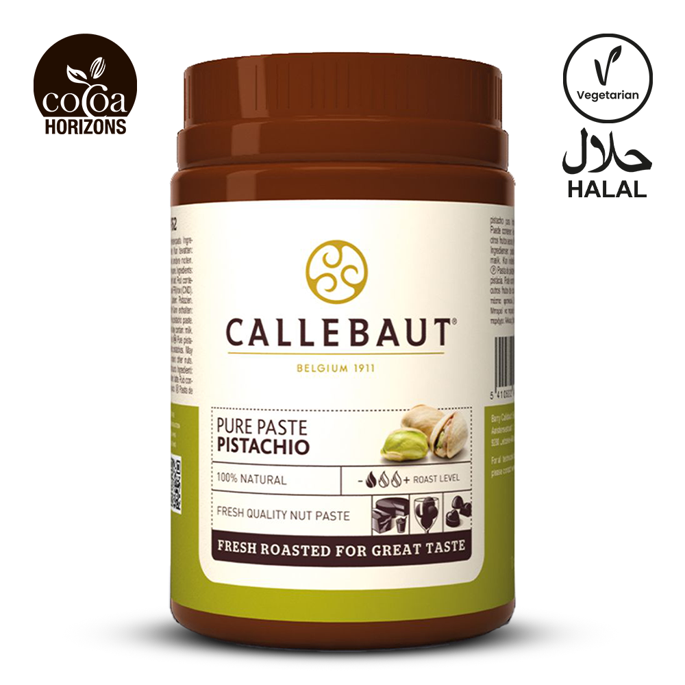 Callebaut pistachio pure paste jar with branding and certification logos on a white background