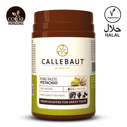 Callebaut pistachio pure paste jar with branding and certification logos on a white background
