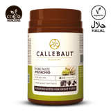 Callebaut pistachio pure paste jar with branding and certification logos on a white background