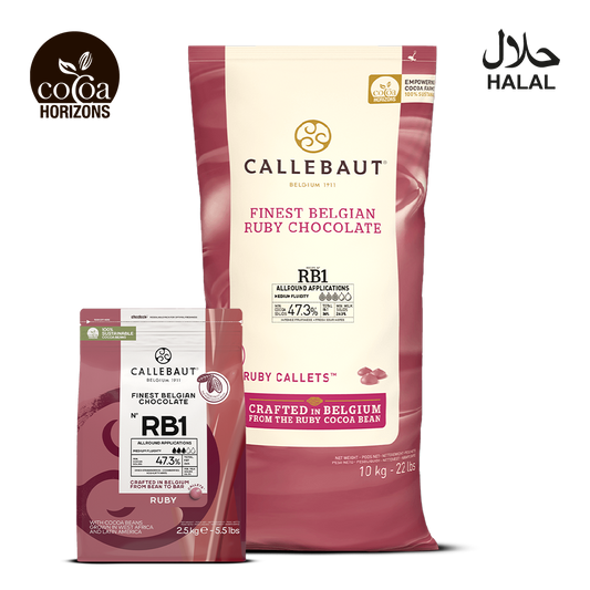 Callebaut Finest Belgian Ruby Chocolate packaging with branding and certification logos on a white background.