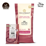 Callebaut Finest Belgian Ruby Chocolate packaging with branding and certification logos on a white background.