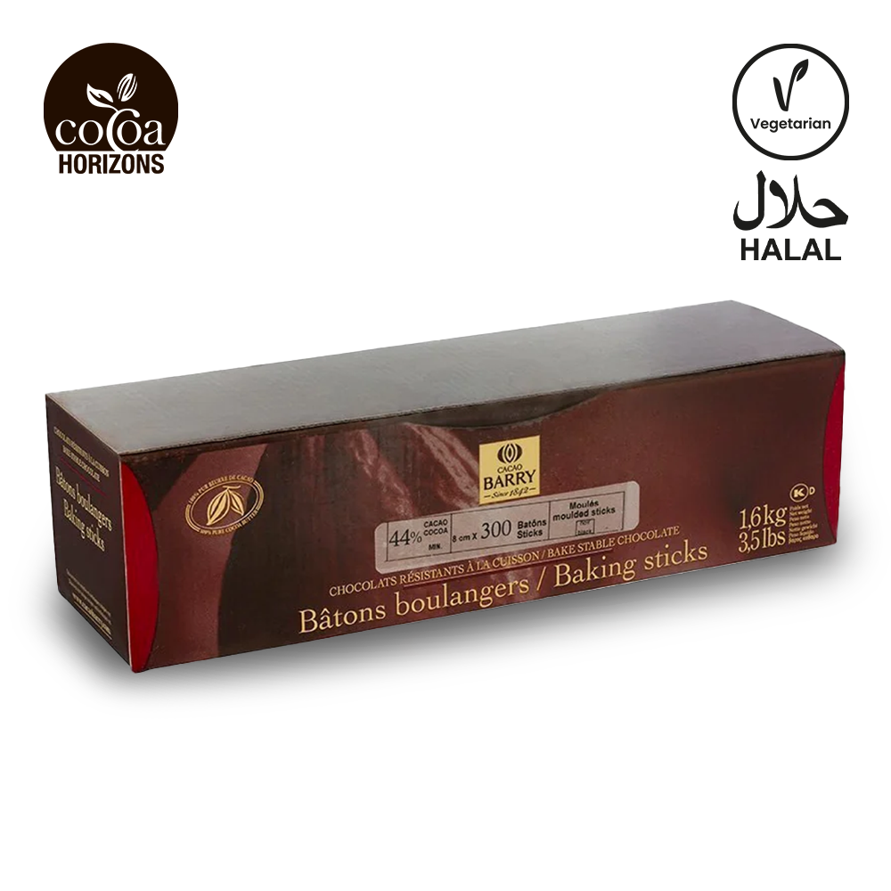 Box of chocolate baking sticks with Cooca Horizons, Barry, Halal, and Vegetarian logos on a white background.