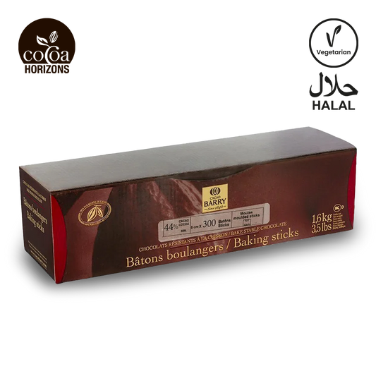 Box of chocolate baking sticks with Cooca Horizons, Barry, Halal, and Vegetarian logos on a white background.