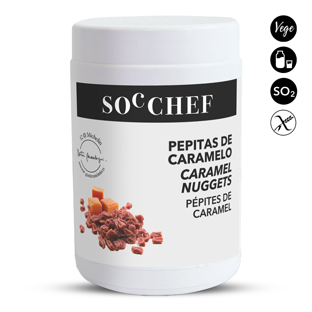 Jar of caramel nuggets with SOC CHEF branding on a white background
