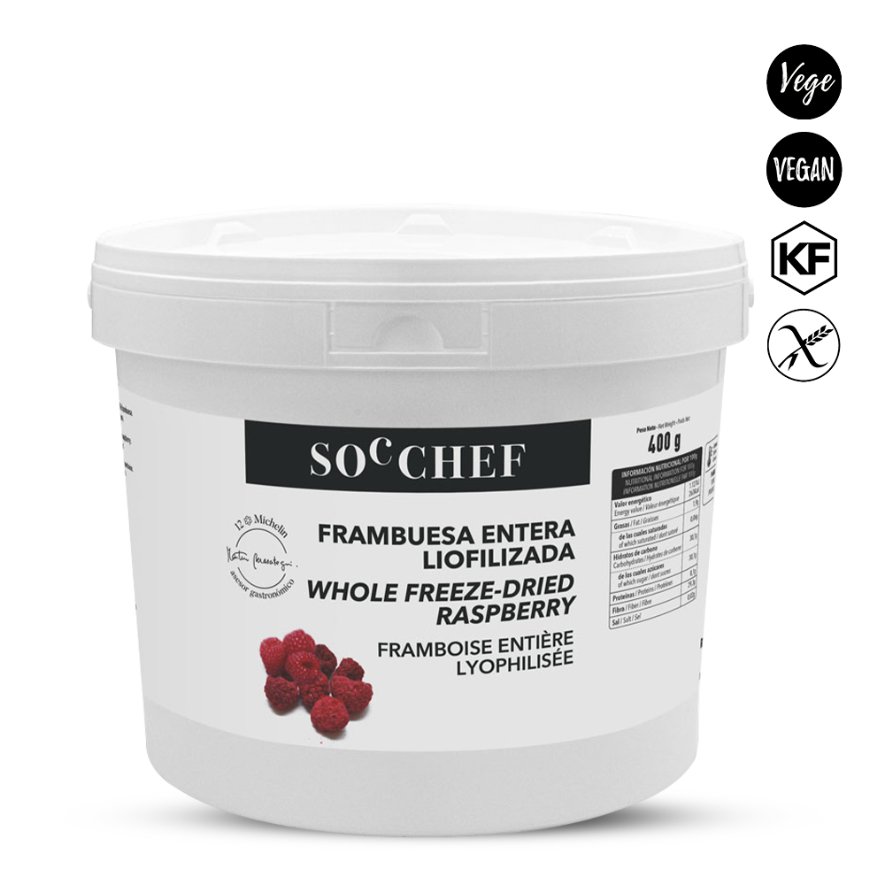 White container of Soc Chef whole freeze-dried raspberries on a white background