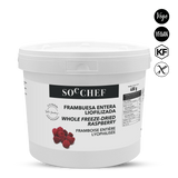 White container of Soc Chef whole freeze-dried raspberries on a white background