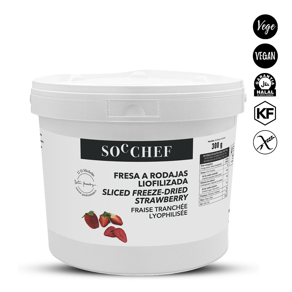 White container of sliced freeze-dried strawberry with SOC Chef branding on a white background